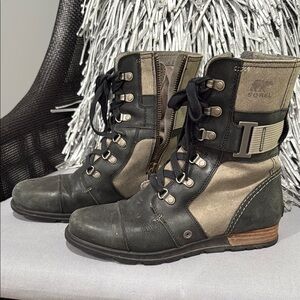 Sorel Black and Green Combat Moto Boots